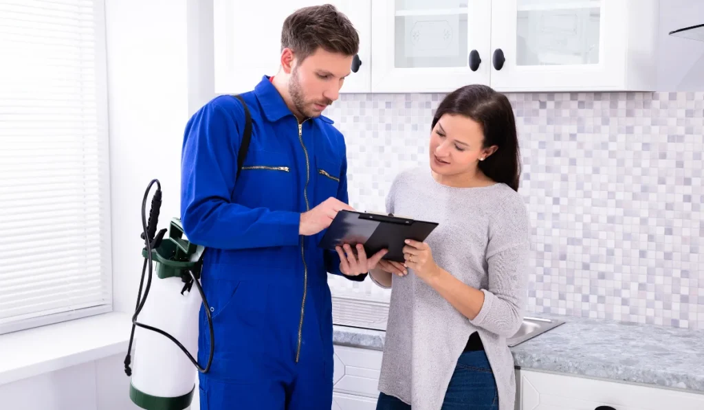 Pest Control Worker Showing Invoice To Woman